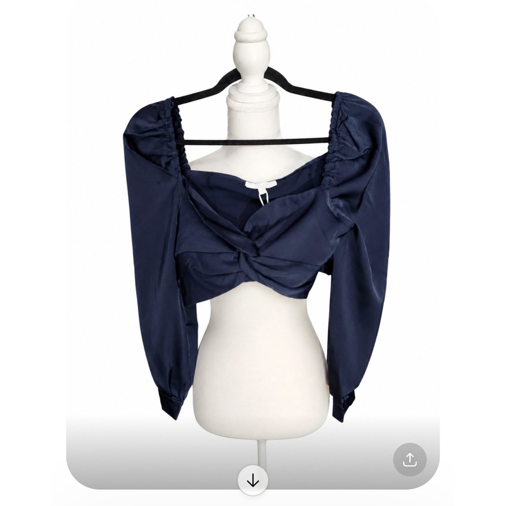 Edit by Nine Navy‎ Blue Satin Twist Front Puff Sleeve Crop Top CT1459 Small NEW